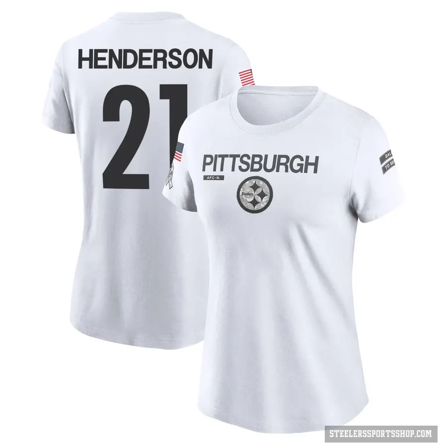 Women's ＃21 C.J. Henderson Pittsburgh Steelers White 2024 Salute to Service Performance T-Shirt