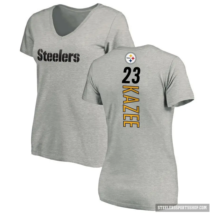 Women's ＃23 Damontae Kazee Pittsburgh Steelers Ash Backer V-Neck T-Shirt