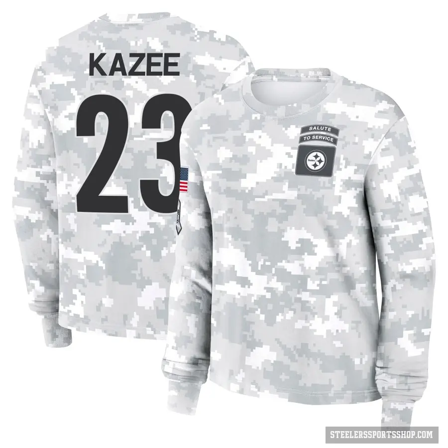 Women's ＃23 Damontae Kazee Pittsburgh Steelers Camo Arctic 2024 Salute to Service Long Sleeve T-Shirt