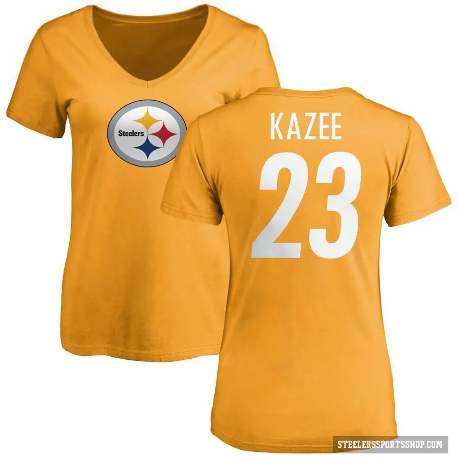 Women's ＃23 Damontae Kazee Pittsburgh Steelers Gold Logo Slim Fit T-Shirt