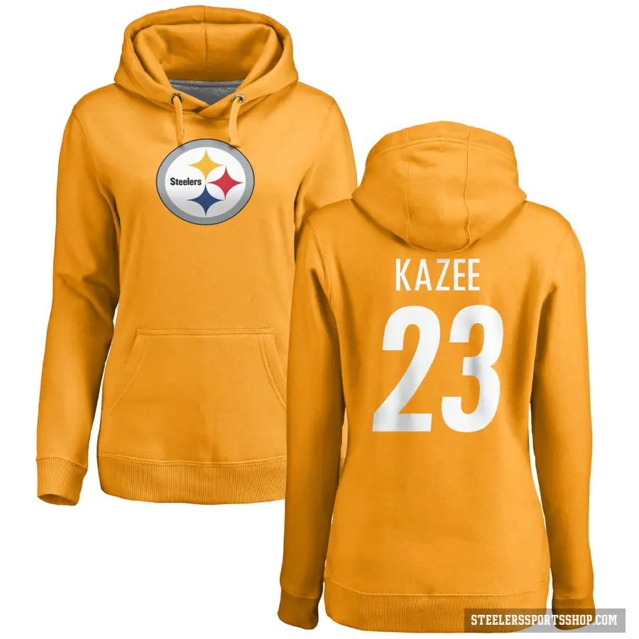 Women's ＃23 Damontae Kazee Pittsburgh Steelers Gold Pro Line Name & Number Logo Pullover Hoodie