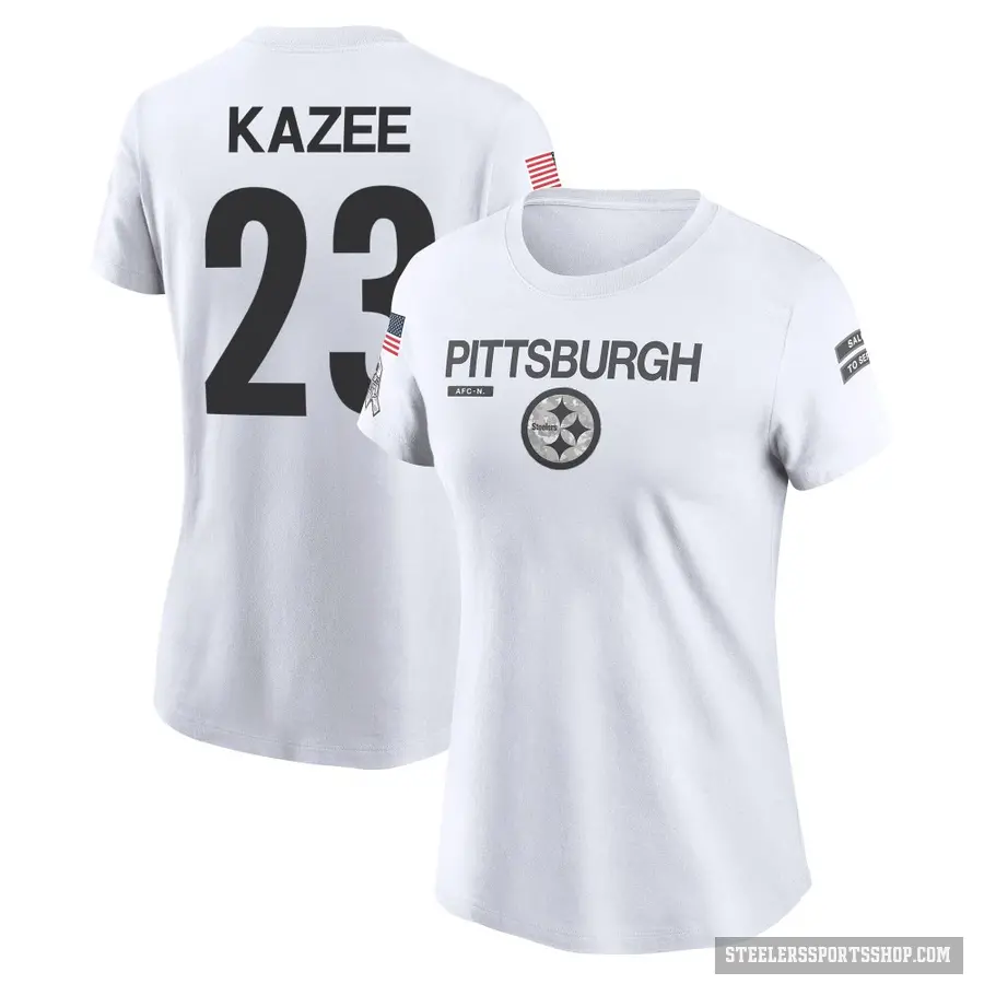 Women's ＃23 Damontae Kazee Pittsburgh Steelers White 2024 Salute to Service Performance T-Shirt