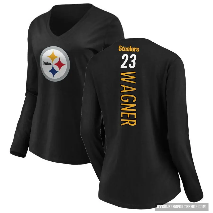 Women's ＃23 Mike Wagner Pittsburgh Steelers Black Backer Slim Fit Long Sleeve T-Shirt