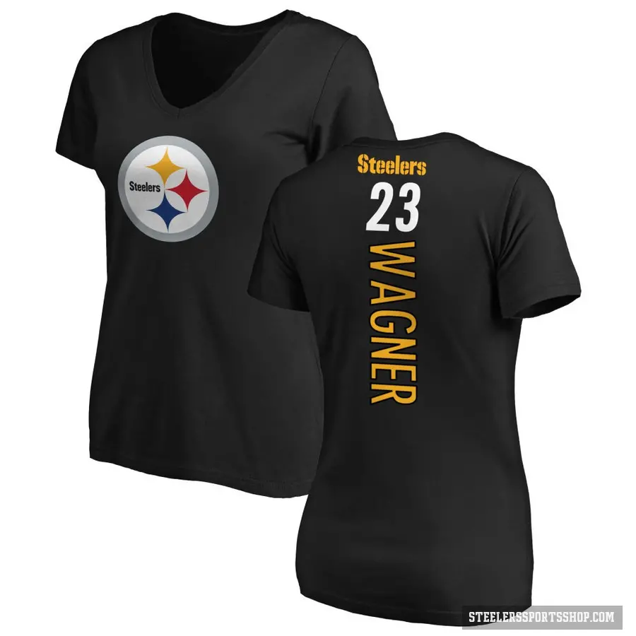 Women's ＃23 Mike Wagner Pittsburgh Steelers Black Backer Slim Fit T-Shirt