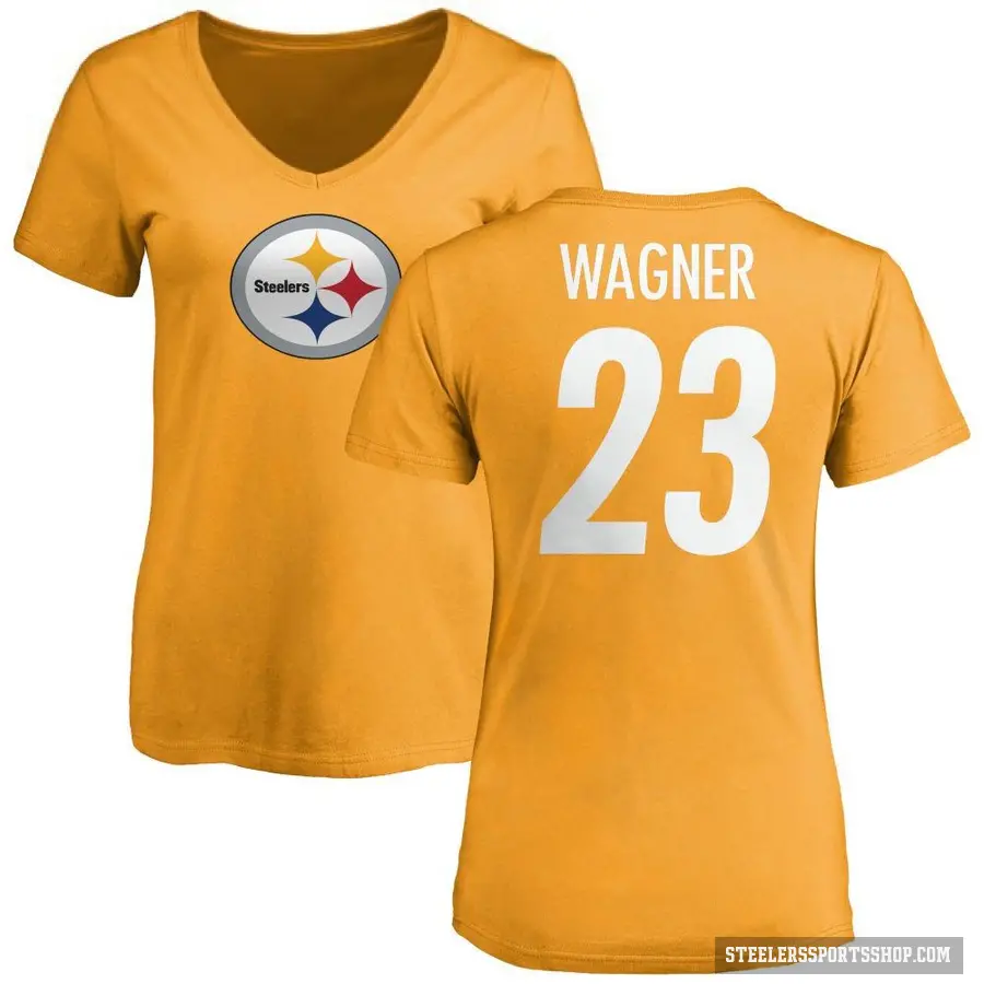 Women's ＃23 Mike Wagner Pittsburgh Steelers Gold Logo Slim Fit T-Shirt