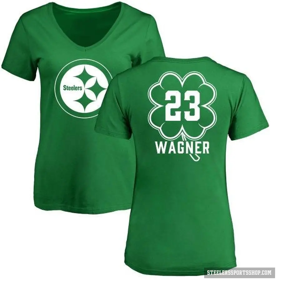 Women's ＃23 Mike Wagner Pittsburgh Steelers Green St. Patrick's Day V-Neck T-Shirt