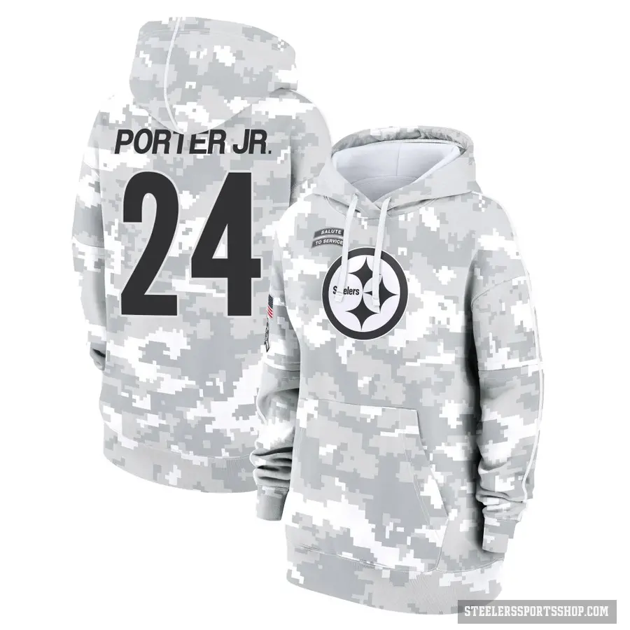 Women's ＃24 Joey Porter Jr. Pittsburgh Steelers Arctic Camo 2024 Salute to Service Club Fleece Pullover Hoodie