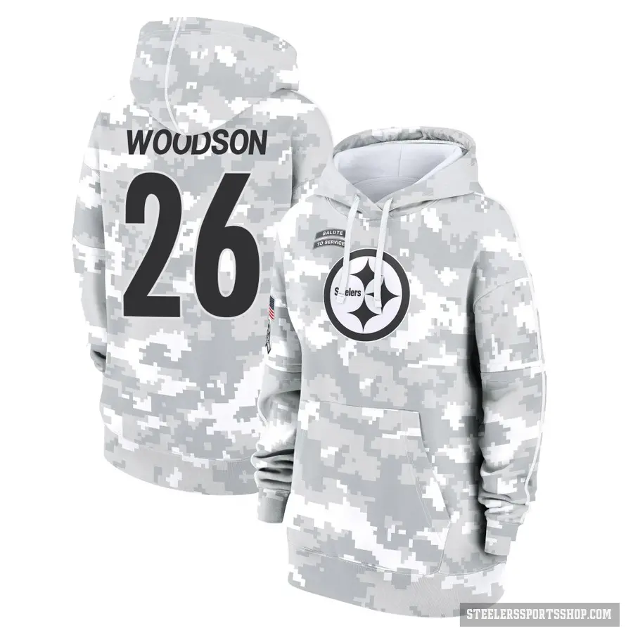 Women's ＃26 Rod Woodson Pittsburgh Steelers Arctic Camo 2024 Salute to Service Club Fleece Pullover Hoodie