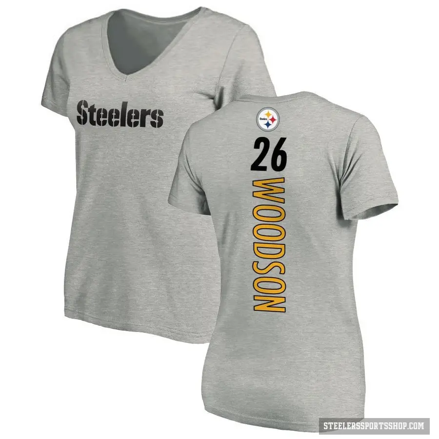 Women's ＃26 Rod Woodson Pittsburgh Steelers Ash Backer V-Neck T-Shirt