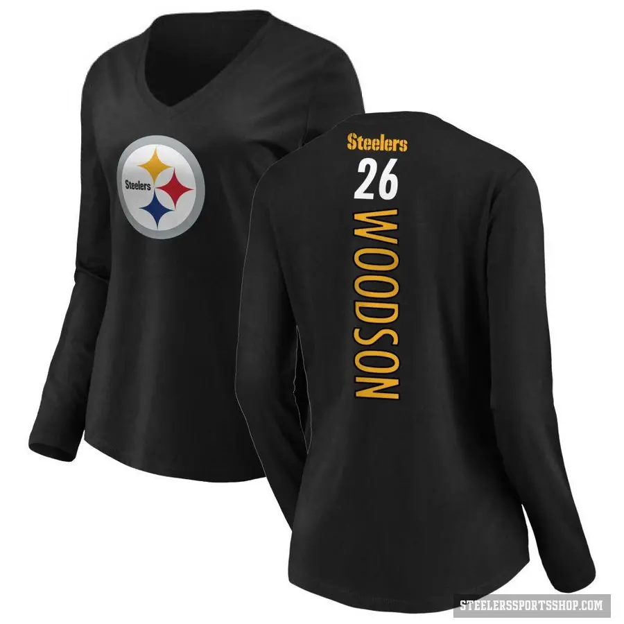 Women's ＃26 Rod Woodson Pittsburgh Steelers Black Backer Slim Fit Long Sleeve T-Shirt