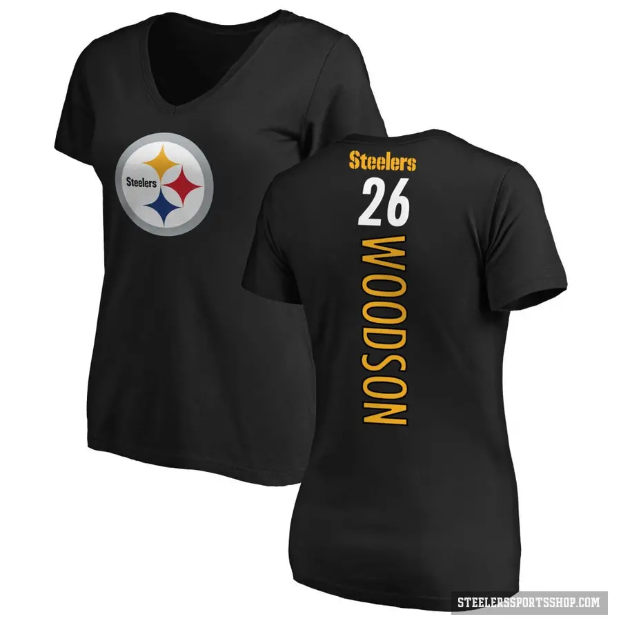 Women's ＃26 Rod Woodson Pittsburgh Steelers Black Backer Slim Fit T-Shirt