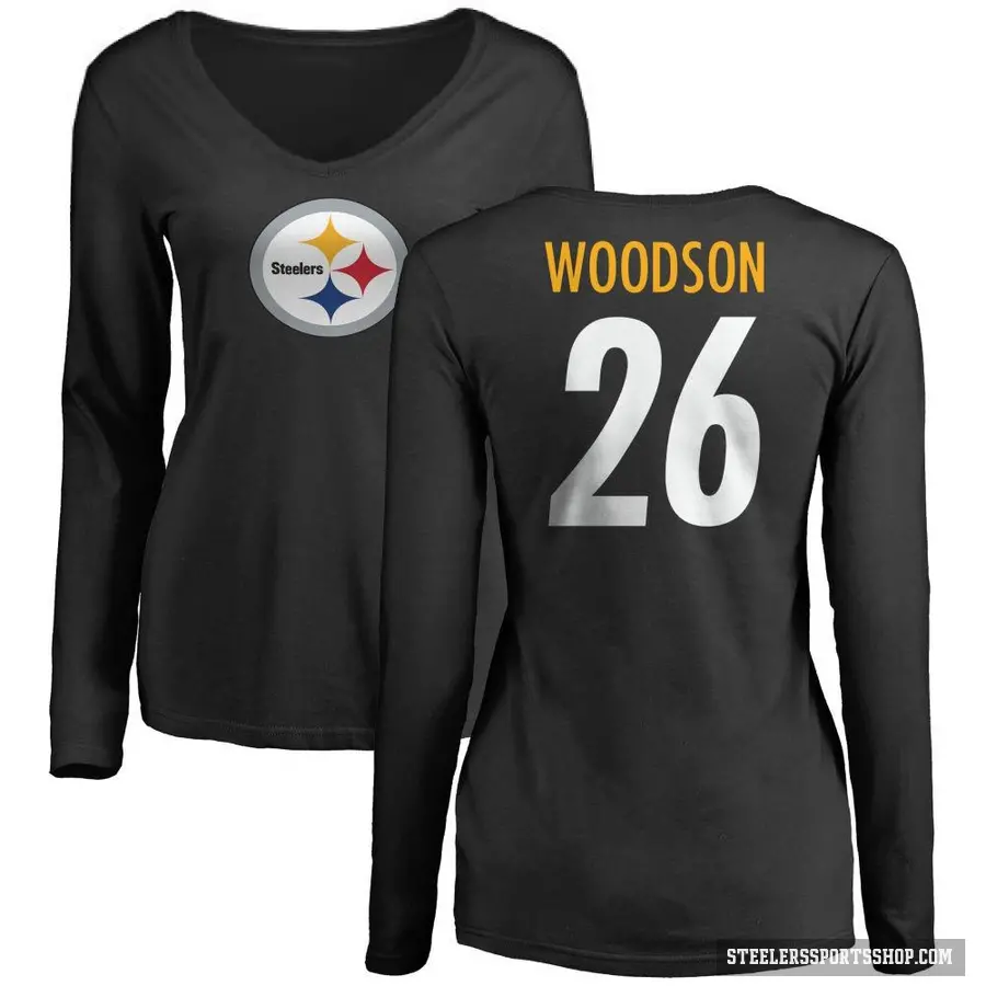 Women's ＃26 Rod Woodson Pittsburgh Steelers Black Logo Slim Fit Long Sleeve T-Shirt