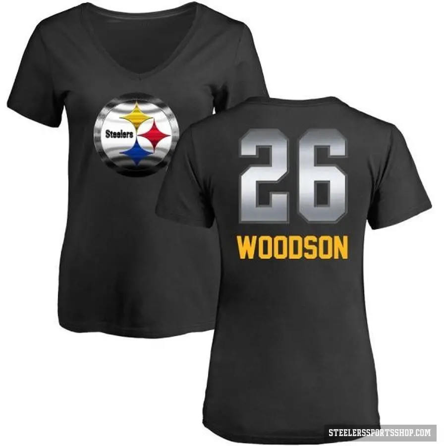 Women's ＃26 Rod Woodson Pittsburgh Steelers Black Midnight Mascot T-Shirt