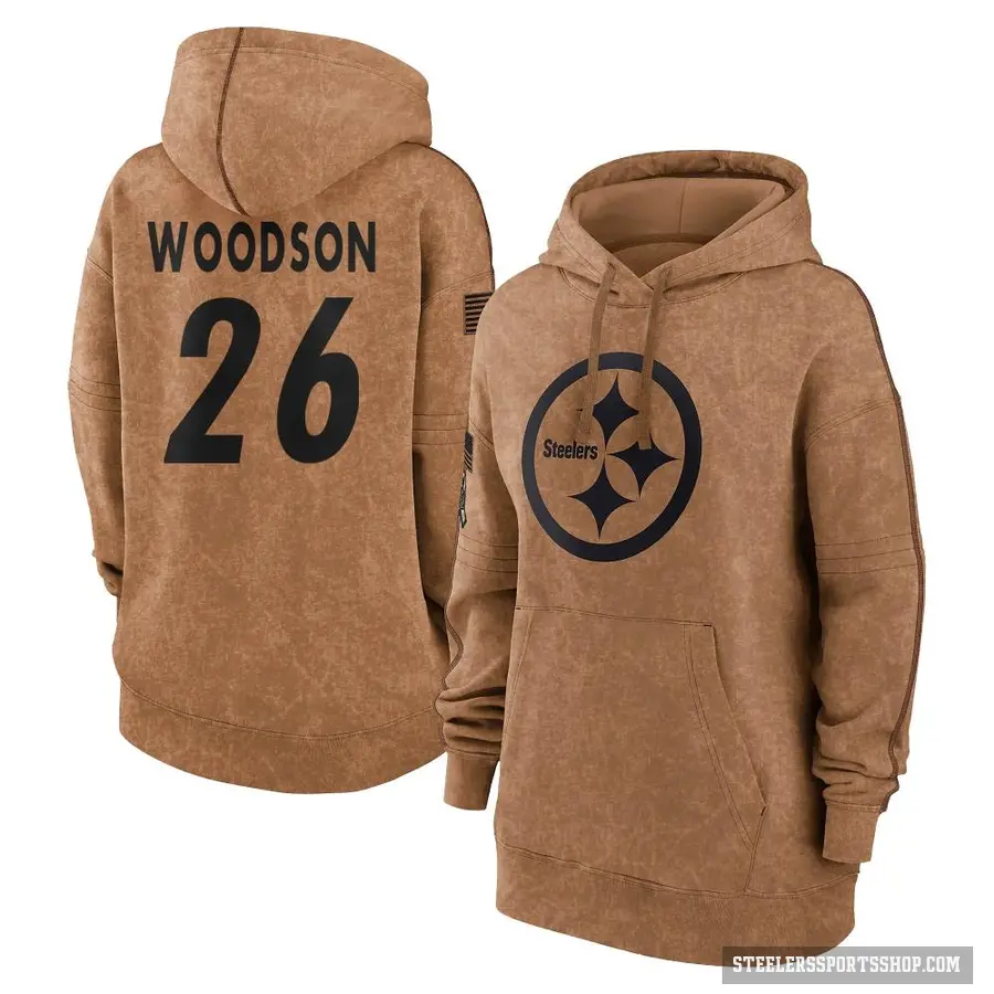 Women's ＃26 Rod Woodson Pittsburgh Steelers Brown 2023 Salute To Service Pullover Hoodie