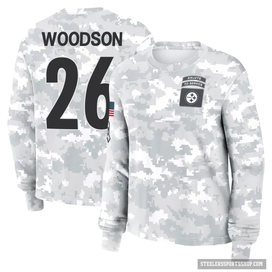 Women's ＃26 Rod Woodson Pittsburgh Steelers Camo Arctic 2024 Salute to Service Long Sleeve T-Shirt