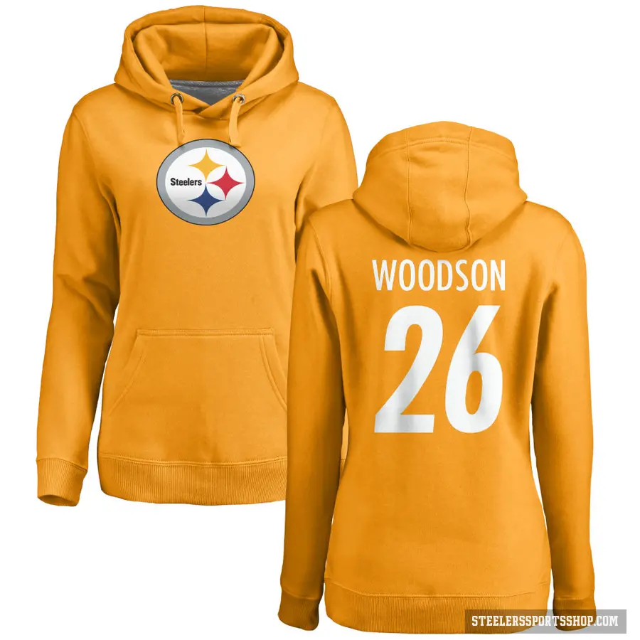 Women's ＃26 Rod Woodson Pittsburgh Steelers Gold Pro Line Name & Number Logo Pullover Hoodie