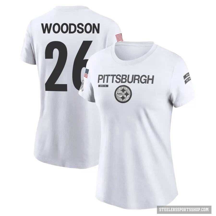 Women's ＃26 Rod Woodson Pittsburgh Steelers White 2024 Salute to Service Performance T-Shirt