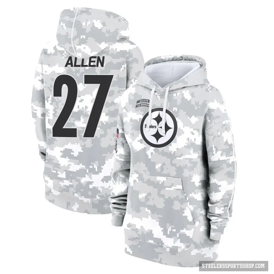 Women's ＃27 Marcus Allen Pittsburgh Steelers Arctic Camo 2024 Salute to Service Club Fleece Pullover Hoodie