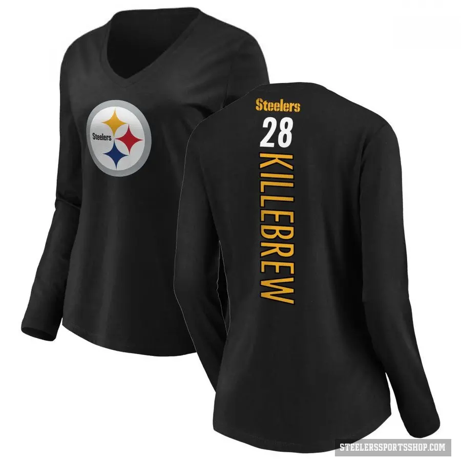 Women's ＃28 Miles Killebrew Pittsburgh Steelers Black Backer Slim Fit Long Sleeve T-Shirt