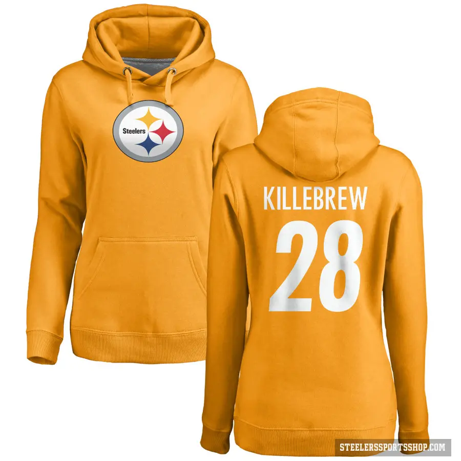 Women's ＃28 Miles Killebrew Pittsburgh Steelers Gold Pro Line Name & Number Logo Pullover Hoodie