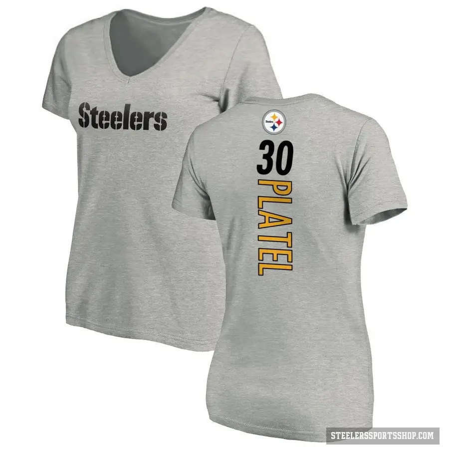 Women's ＃30 Carlins Platel Pittsburgh Steelers Ash Backer V-Neck T-Shirt