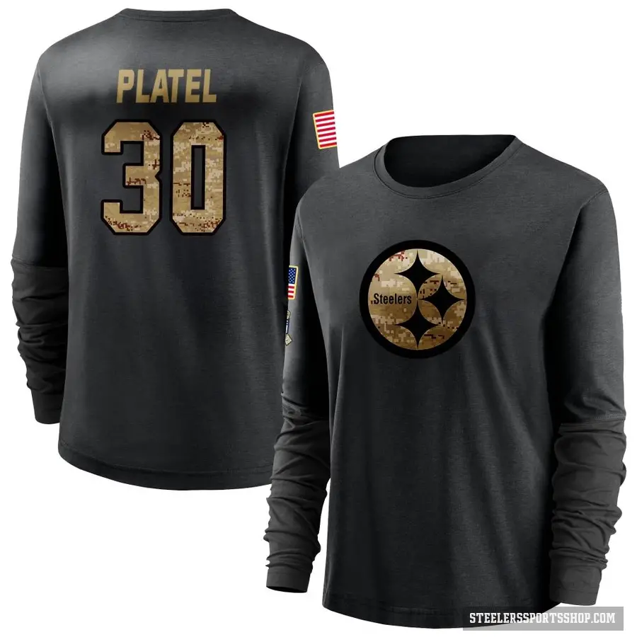 Women's ＃30 Carlins Platel Pittsburgh Steelers Black 2020 Salute To Service Sideline Performance Long Sleeve T-Shirt