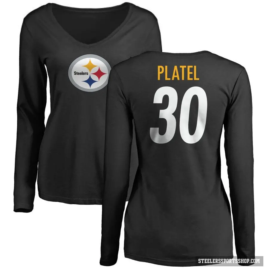 Women's ＃30 Carlins Platel Pittsburgh Steelers Black Logo Slim Fit Long Sleeve T-Shirt