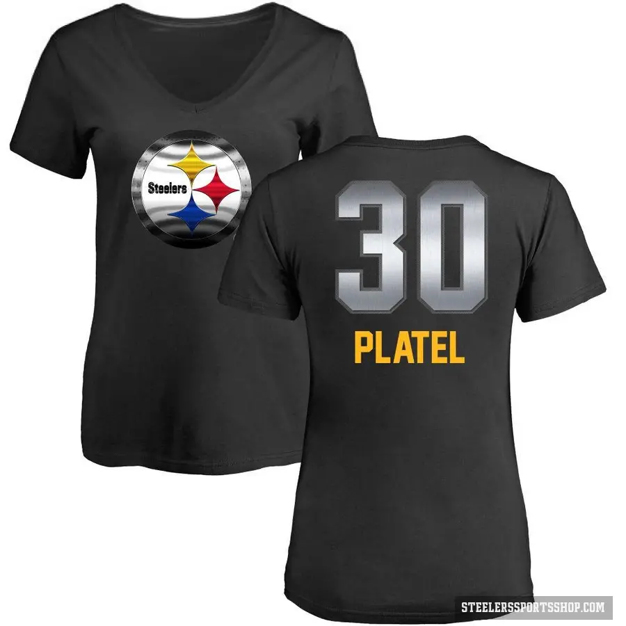 Women's ＃30 Carlins Platel Pittsburgh Steelers Black Midnight Mascot T-Shirt