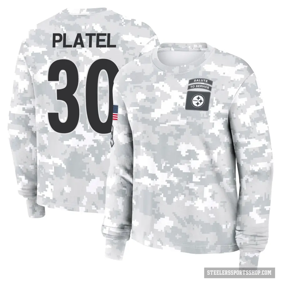 Women's ＃30 Carlins Platel Pittsburgh Steelers Camo Arctic 2024 Salute to Service Long Sleeve T-Shirt