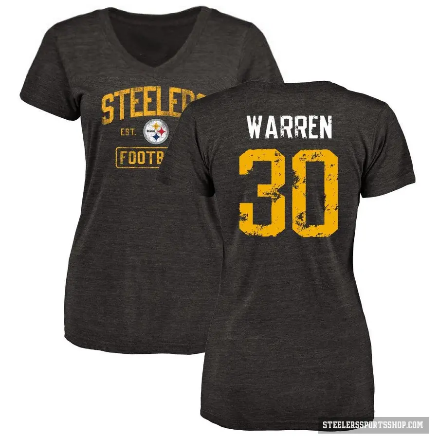 Women's ＃30 Jaylen Warren Pittsburgh Steelers Black Distressed V-Neck T-Shirt