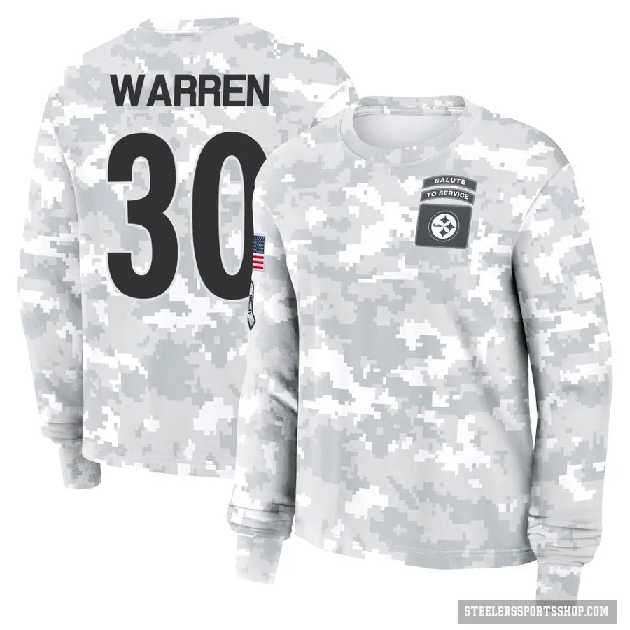 Women's ＃30 Jaylen Warren Pittsburgh Steelers Camo Arctic 2024 Salute to Service Long Sleeve T-Shirt