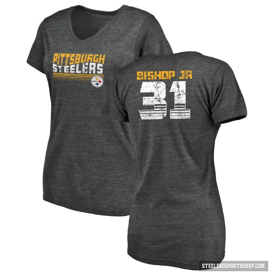 Women's ＃31 Beanie Bishop Jr. Pittsburgh Steelers Black Retro V-Neck T-Shirt