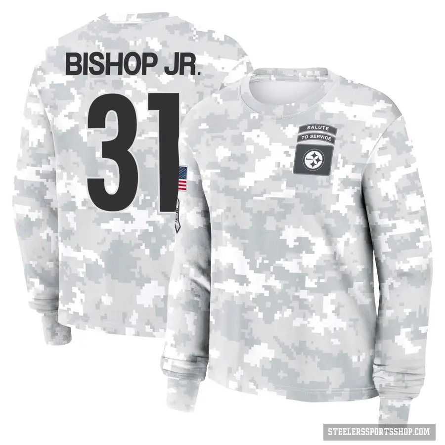 Women's ＃31 Beanie Bishop Jr. Pittsburgh Steelers Camo Arctic 2024 Salute to Service Long Sleeve T-Shirt