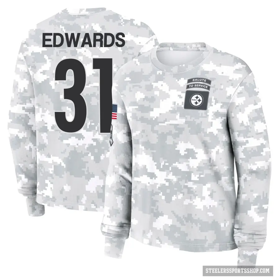 Women's ＃31 Daijun Edwards Pittsburgh Steelers Camo Arctic 2024 Salute to Service Long Sleeve T-Shirt