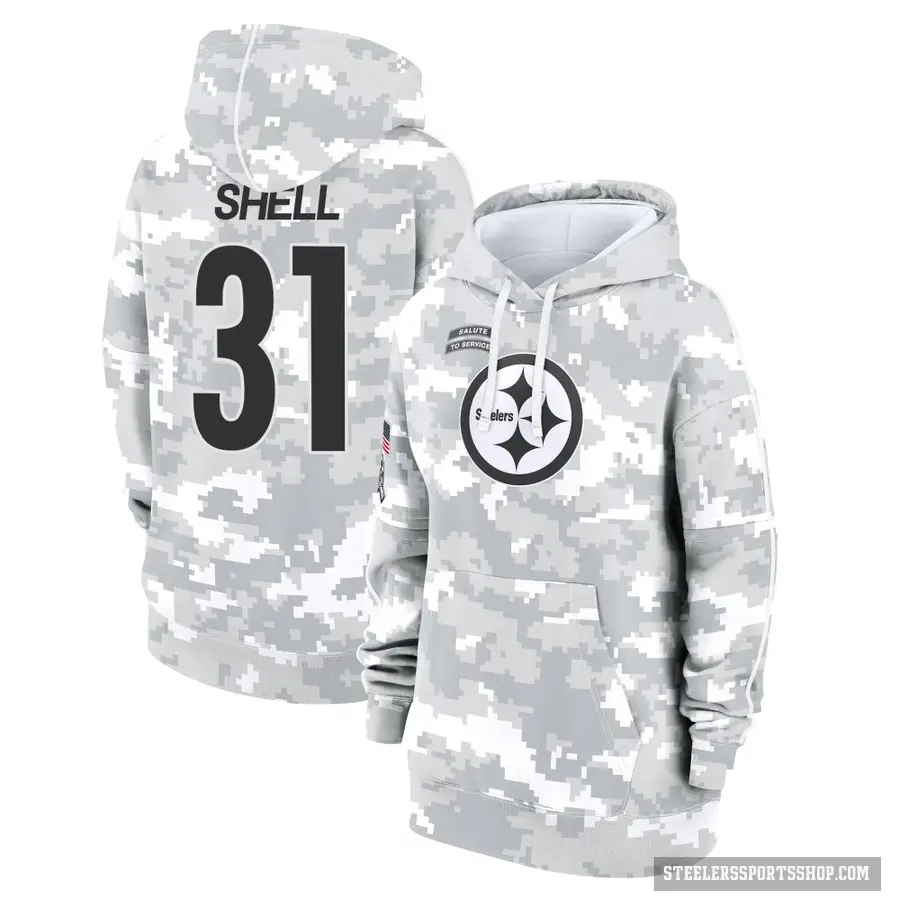 Women's ＃31 Donnie Shell Pittsburgh Steelers Arctic Camo 2024 Salute to Service Club Fleece Pullover Hoodie