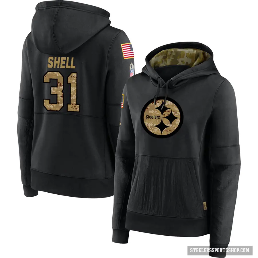 Women's ＃31 Donnie Shell Pittsburgh Steelers Black 2020 Salute to Service Sideline Performance Pullover Hoodie