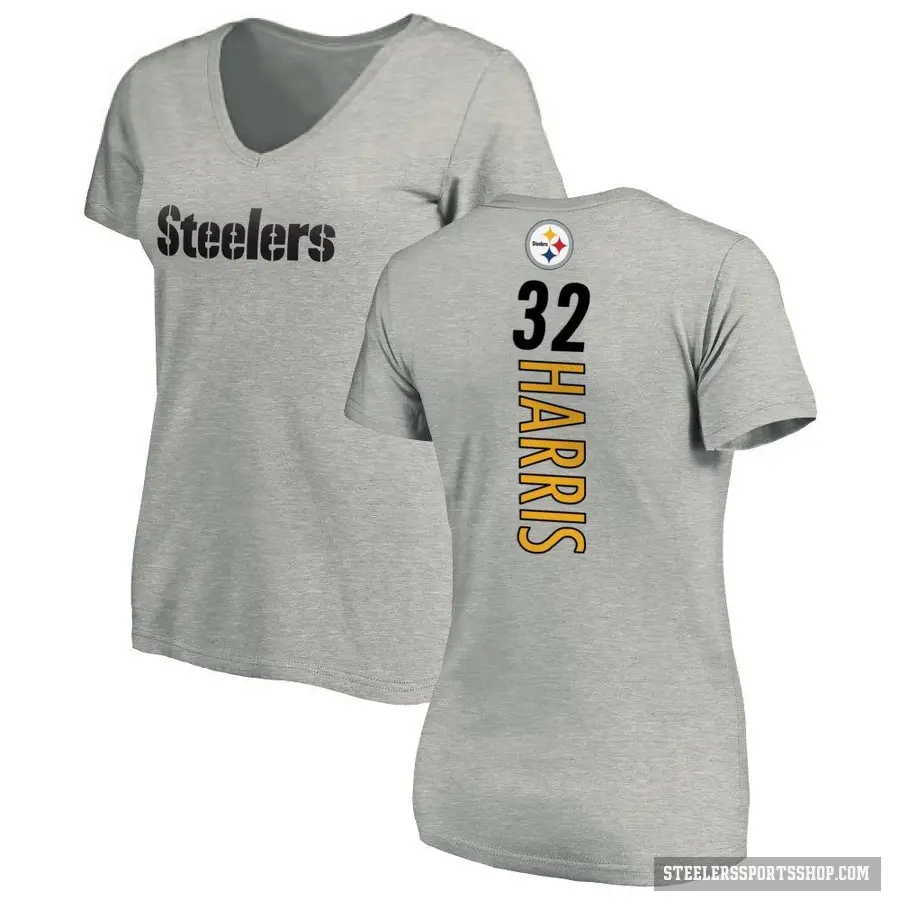 Women's ＃32 Franco Harris Pittsburgh Steelers Ash Backer V-Neck T-Shirt