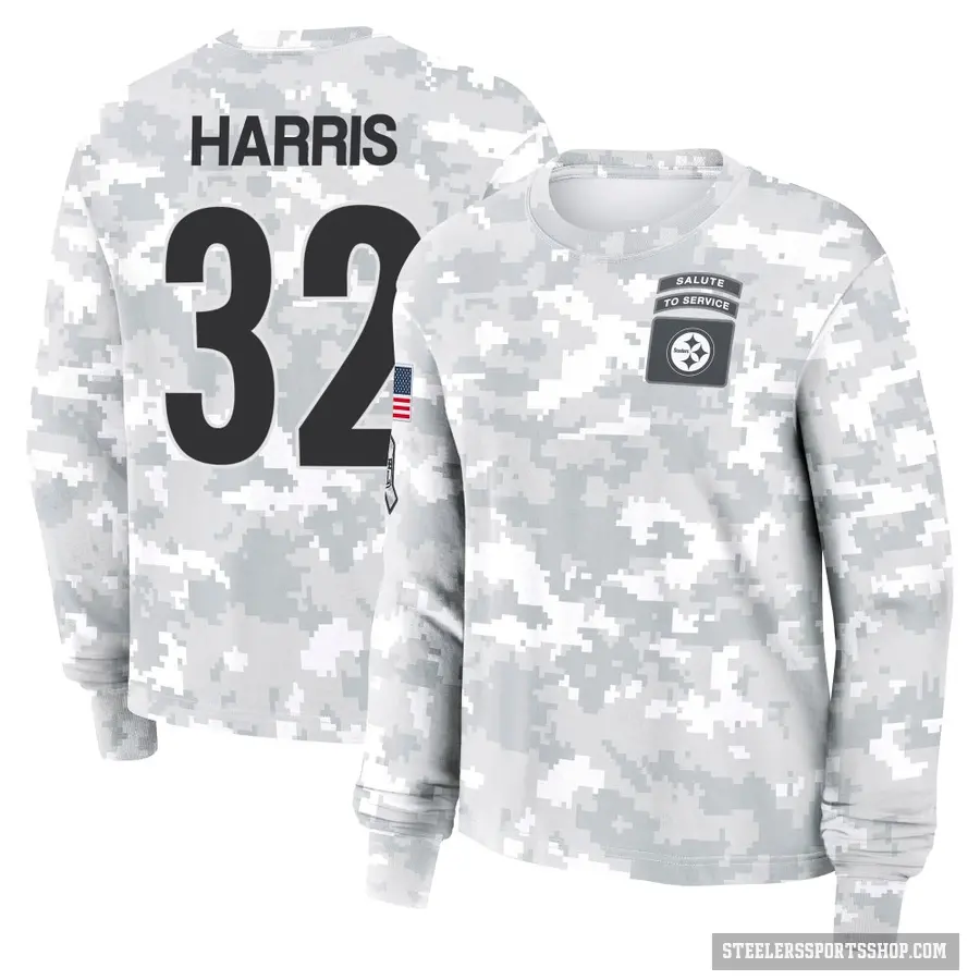 Women's ＃32 Franco Harris Pittsburgh Steelers Camo Arctic 2024 Salute to Service Long Sleeve T-Shirt