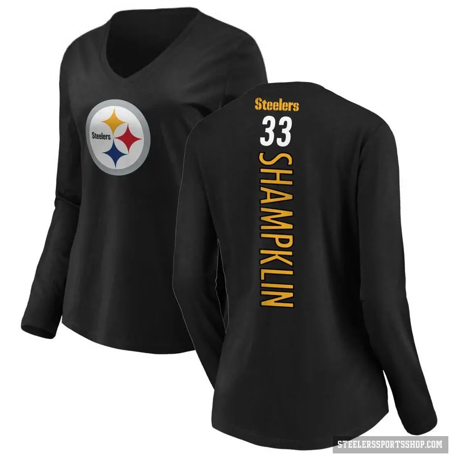 Women's ＃33 Aaron Shampklin Pittsburgh Steelers Black Backer Slim Fit Long Sleeve T-Shirt