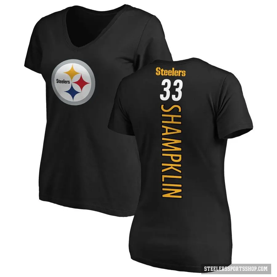 Women's ＃33 Aaron Shampklin Pittsburgh Steelers Black Backer Slim Fit T-Shirt