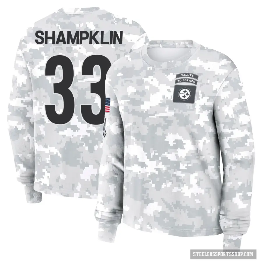 Women's ＃33 Aaron Shampklin Pittsburgh Steelers Camo Arctic 2024 Salute to Service Long Sleeve T-Shirt