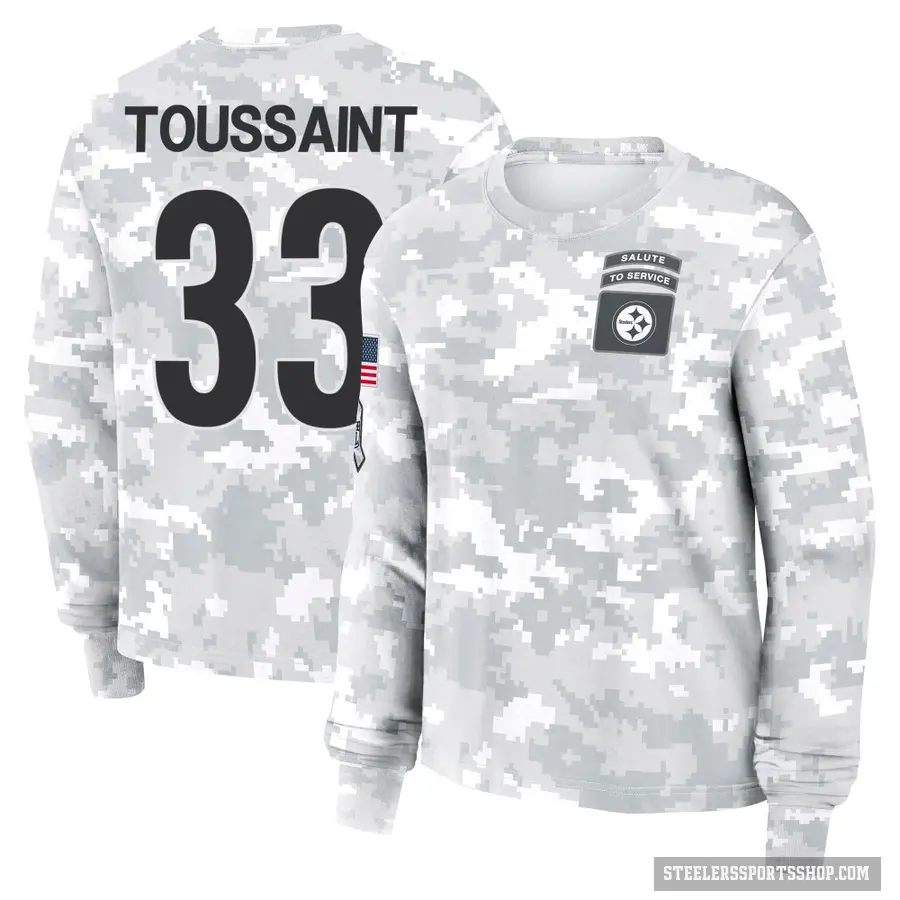 Women's ＃33 Fitzgerald Toussaint Pittsburgh Steelers Camo Arctic 2024 Salute to Service Long Sleeve T-Shirt