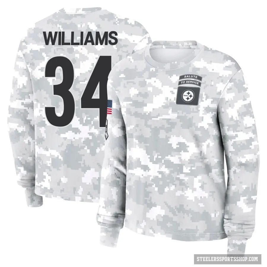 Women's ＃34 DeAngelo Williams Pittsburgh Steelers Camo Arctic 2024 Salute to Service Long Sleeve T-Shirt