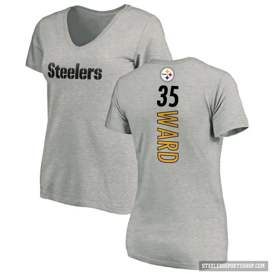 Women's ＃35 Jonathan Ward Pittsburgh Steelers Ash Backer V-Neck T-Shirt