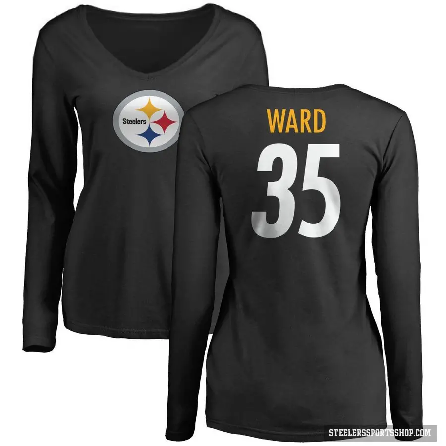 Women's ＃35 Jonathan Ward Pittsburgh Steelers Black Logo Slim Fit Long Sleeve T-Shirt