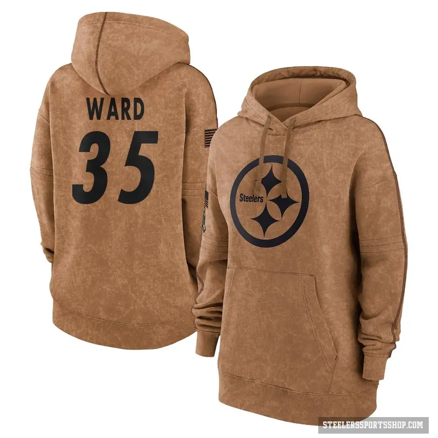 Women's ＃35 Jonathan Ward Pittsburgh Steelers Brown 2023 Salute To Service Pullover Hoodie