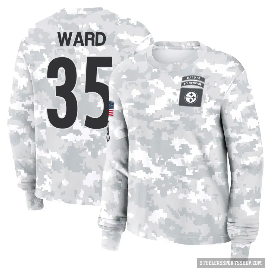 Women's ＃35 Jonathan Ward Pittsburgh Steelers Camo Arctic 2024 Salute to Service Long Sleeve T-Shirt