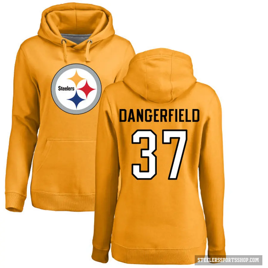 Women's ＃37 Jordan Dangerfield Pittsburgh Steelers Gold Pro Line Name & Number Logo Pullover Hoodie