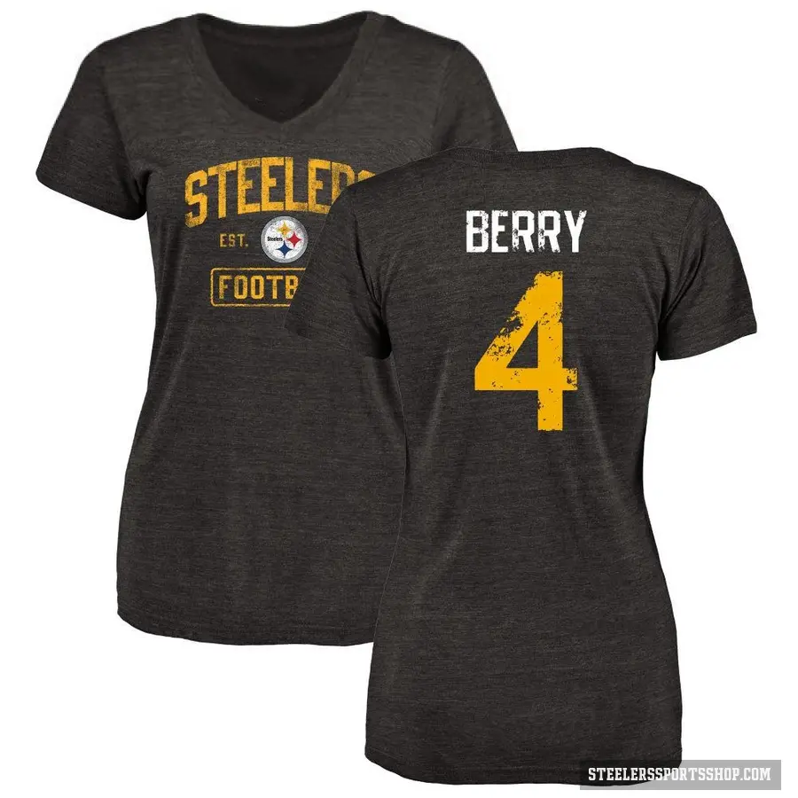 Women's ＃4 Jordan Berry Pittsburgh Steelers Black Distressed V-Neck T-Shirt