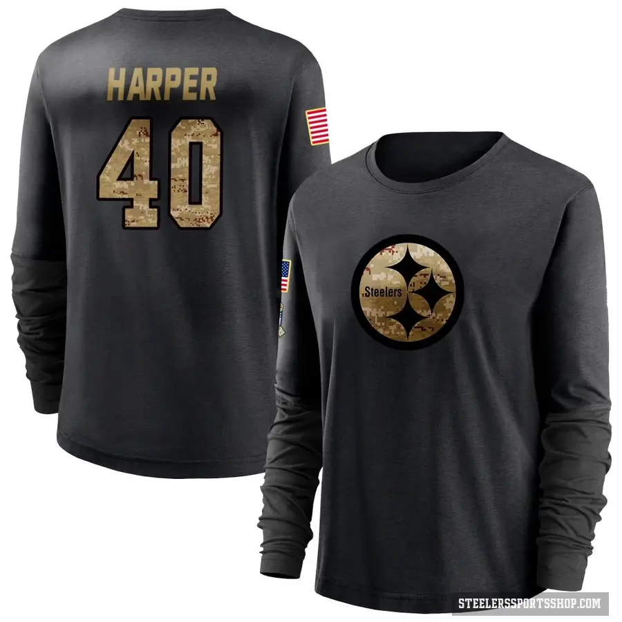 Women's ＃40 Devin Harper Pittsburgh Steelers Black 2020 Salute To Service Sideline Performance Long Sleeve T-Shirt